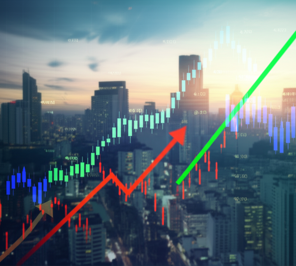 S&P 500 指數的現代金融走勢圖，顯示燭台、成交量和移動平均線。