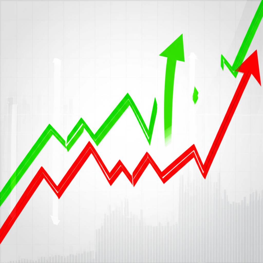 道瓊工業平均指數的抽象圖示，顯示金融圖表向上趨勢，融入AI技術元素與未來城市天際線
