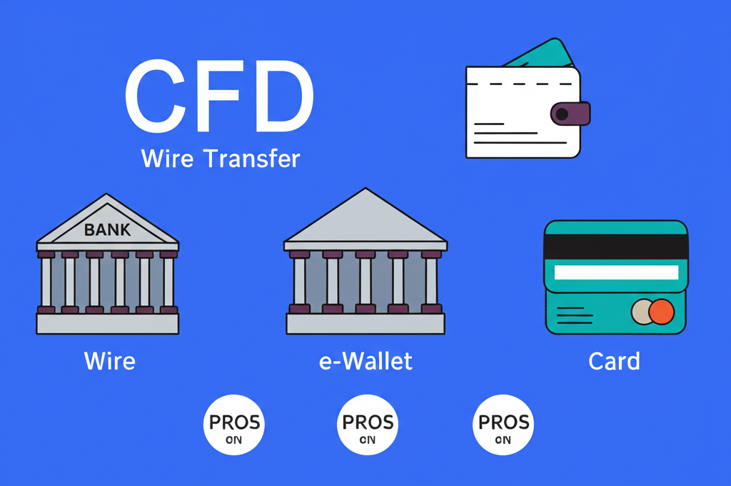 插畫展示多種CFD出金方式，包含銀行建築代表電匯、電子錢包圖示與信用卡，各自標註其優缺點