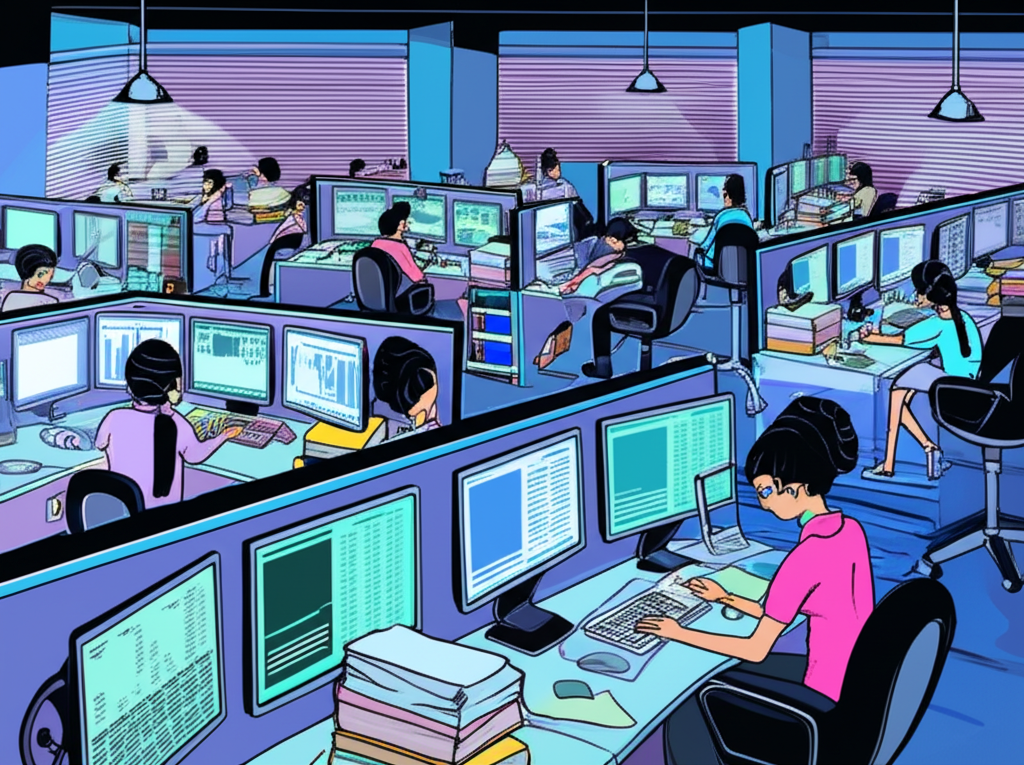 一張插畫，描繪一個金融監管機構或守護者形象的人物堅定地站立，監督著一個充滿各種交易平台和投資者的市場。這個人物代表著FCA或ASIC等監管機構，確保公平競爭並保護投資者免受詐騙活動。場景明亮有序，與混亂的未受監管市場形成對比。