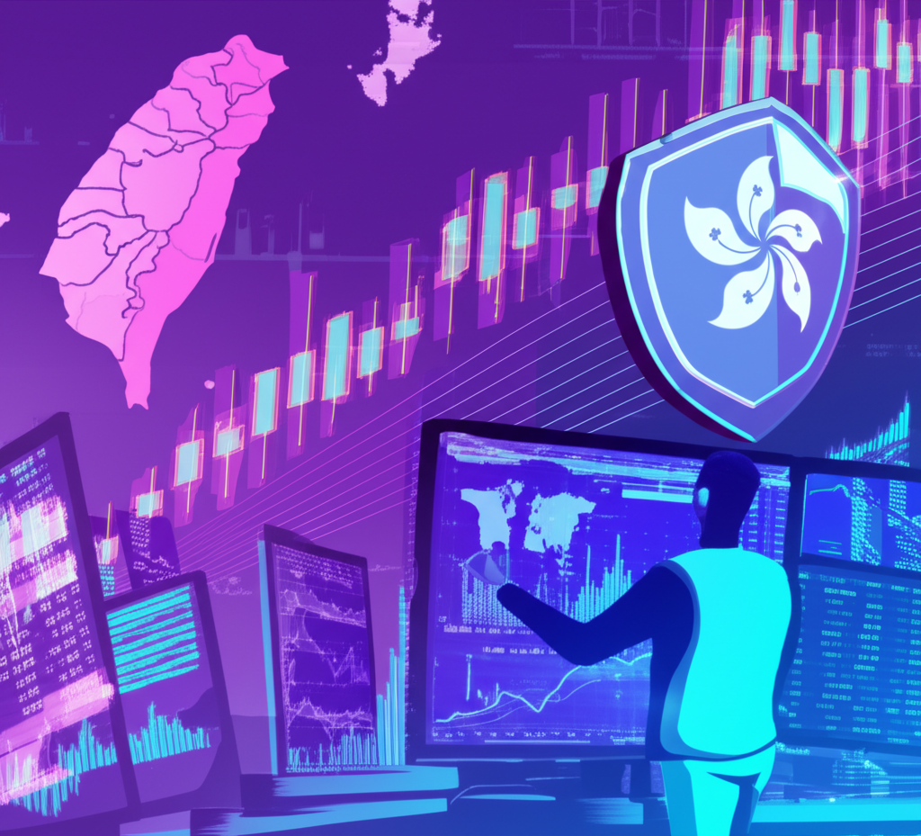 金融市場中的CFD交易與安全保障示意圖，包含數據圖表、交易者螢幕、安全盾牌及台港地圖標示