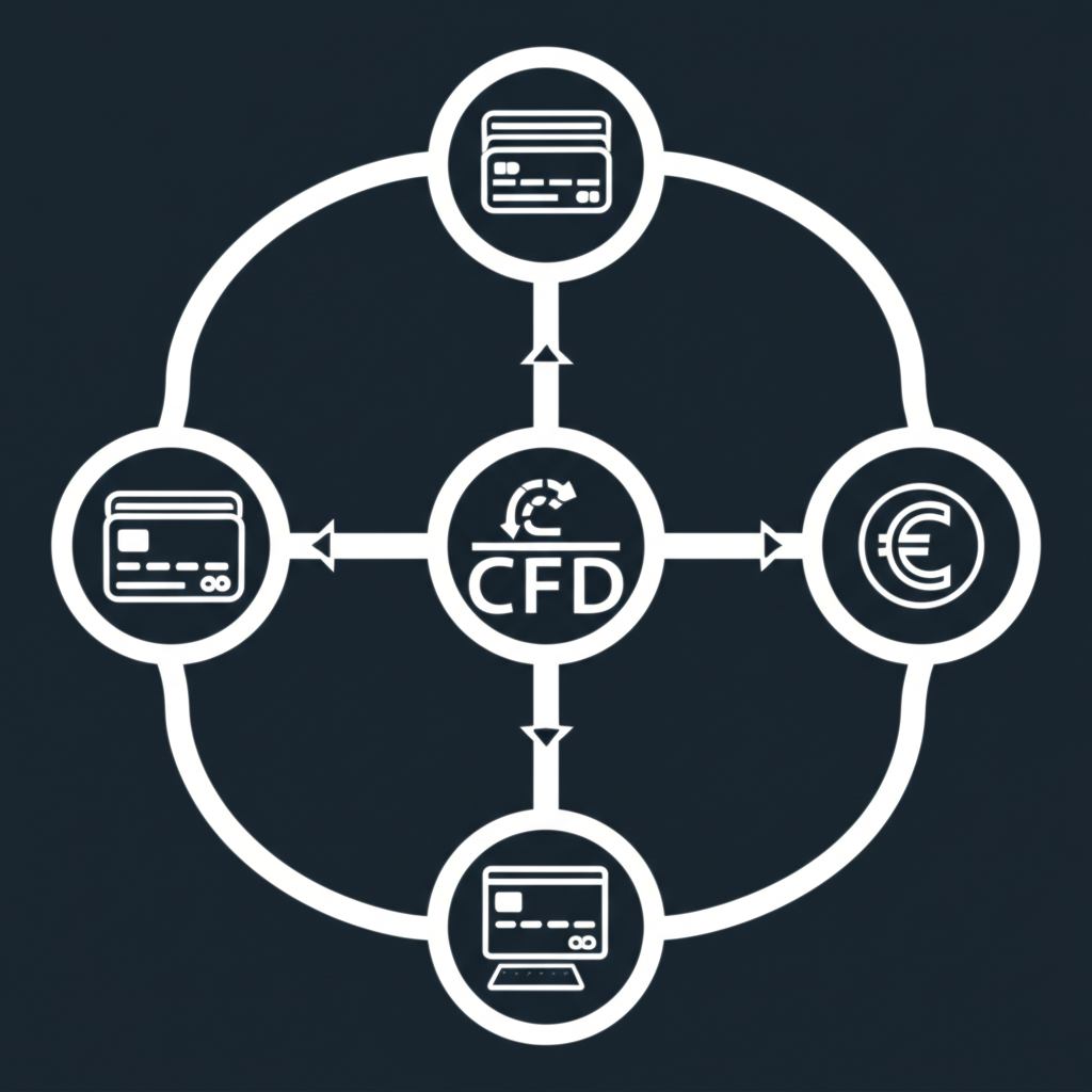 四種CFD入金方式：信用卡、電匯、電子錢包與虛擬貨幣，象徵通往交易平台的不同路徑