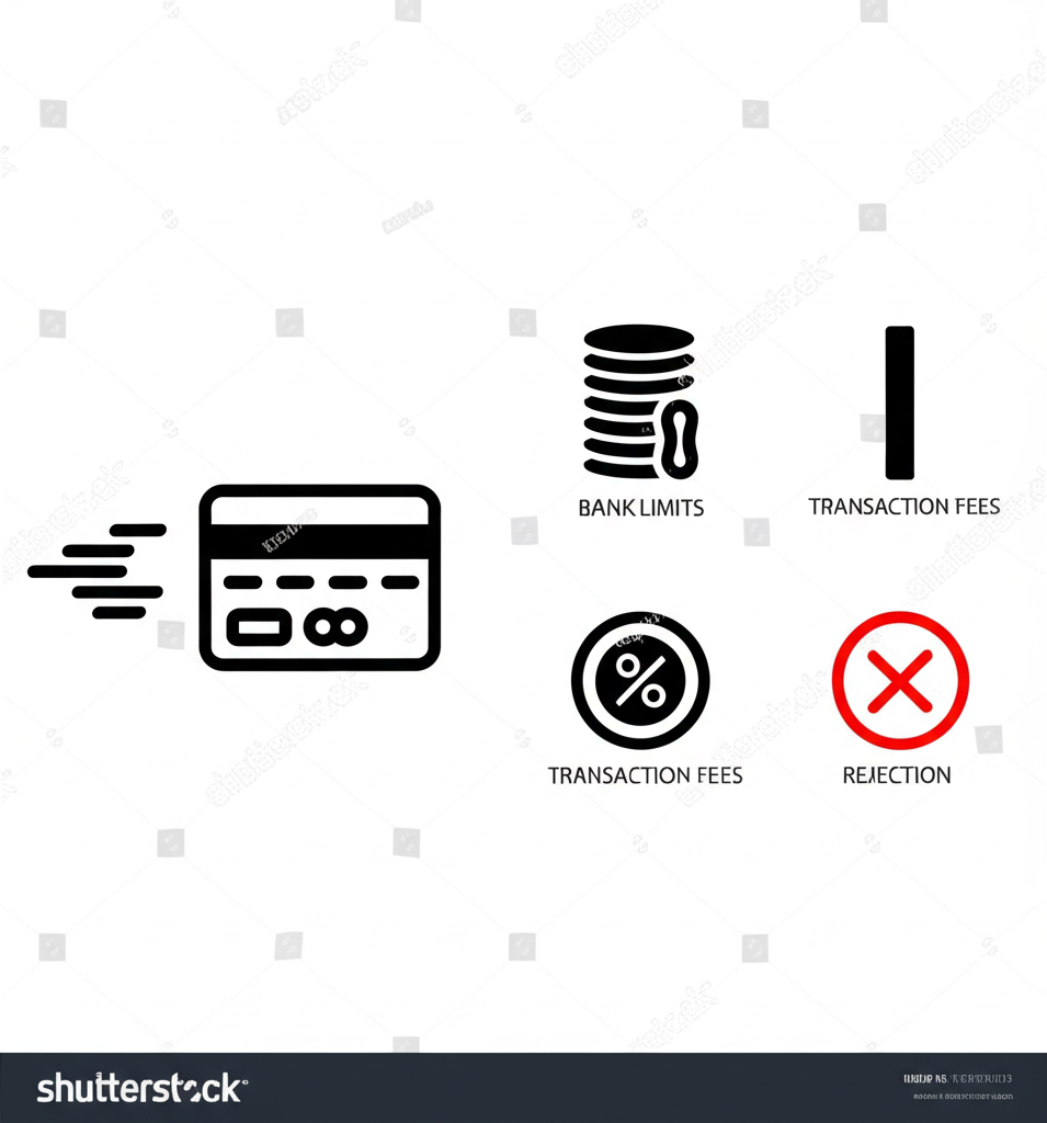 信用卡快速入金示意圖，旁邊標示銀行限制、交易費用與可能的交易拒絕圖示