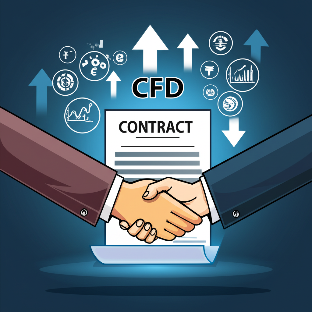 CFD差價合約交易示意圖，呈現雙方簽訂數位合約、價格波動箭頭及股票外匯等資產圖示