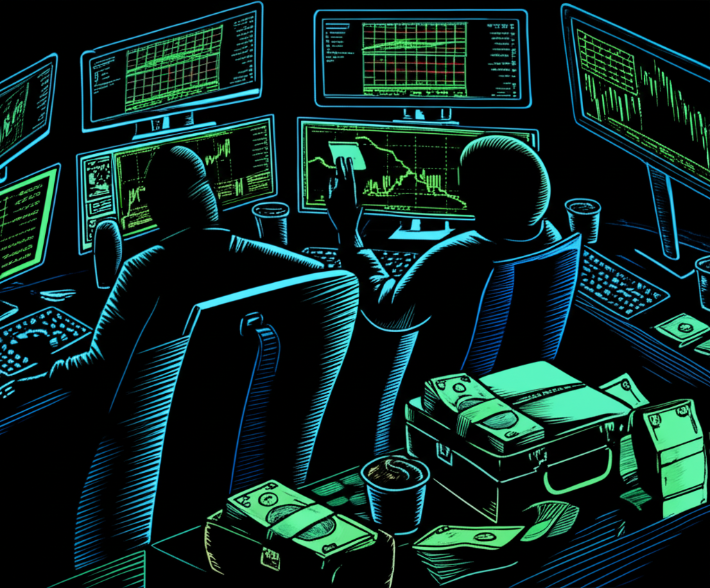 一群人圍在桌邊，專注於顯示金融圖表和虛擬貨幣介面的電腦螢幕，進行著可疑的金融活動。