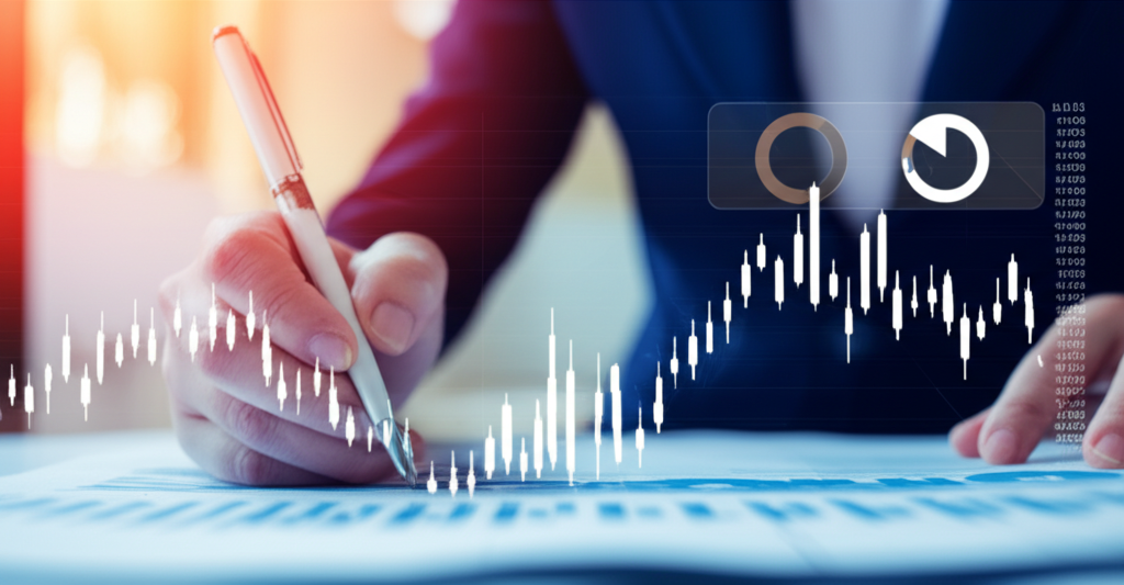 Taiwan investor analyzing data, risk management, illustration