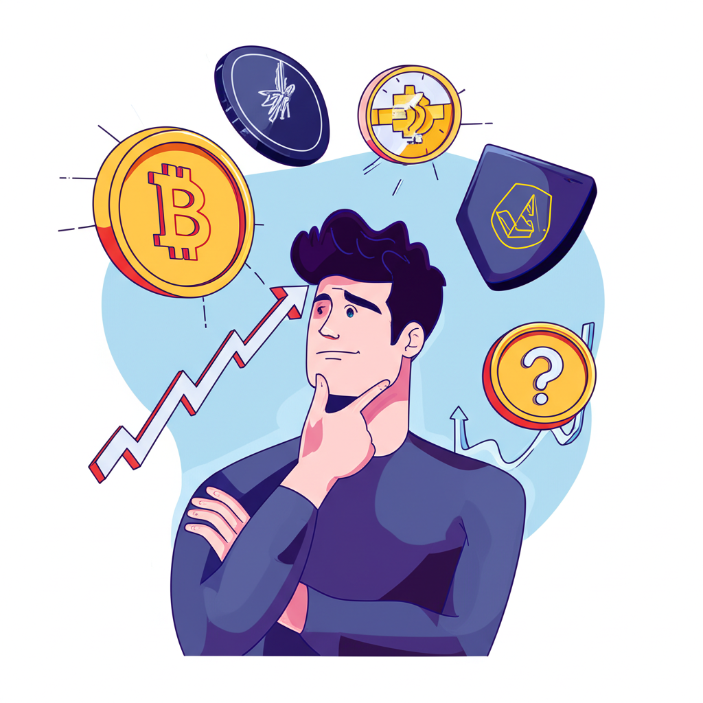 投資人評估加密貨幣風險的插圖，包含數位幣種、天平與城市背景