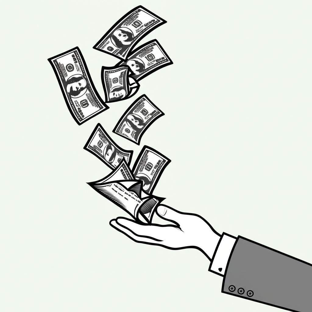 Hand selling stocks, money flying, illustration style