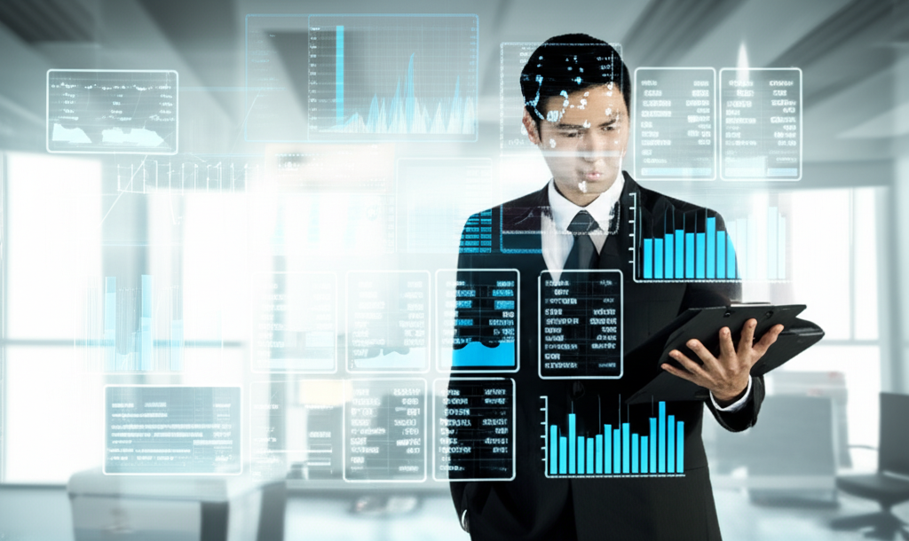 Taiwan investor analyzing bond data, illustration