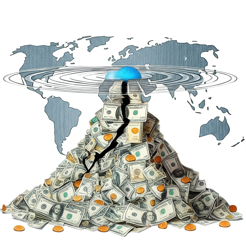 美國債務山脈與全球漣漪效應圖示