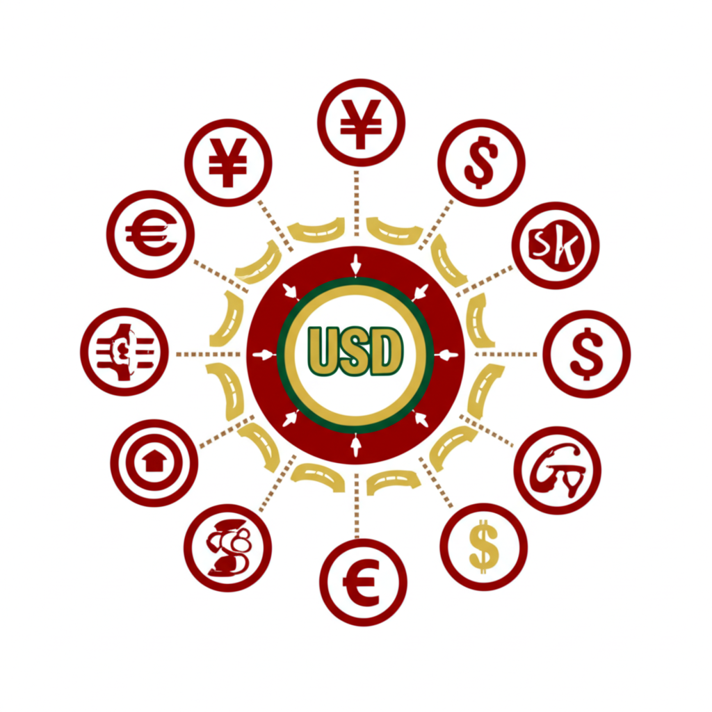 Global currencies, USD at center, illustration.