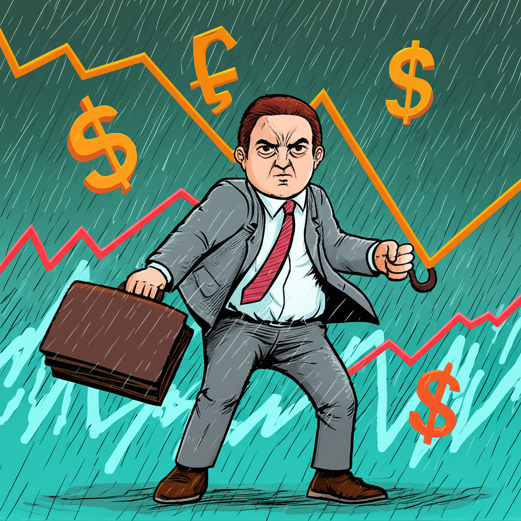 Investor navigating market storm, illustration