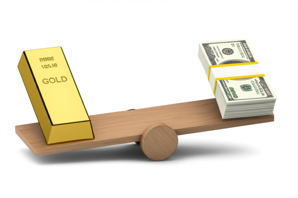 金條與美元鈔票置於翹翹板上,象徵市場平衡
