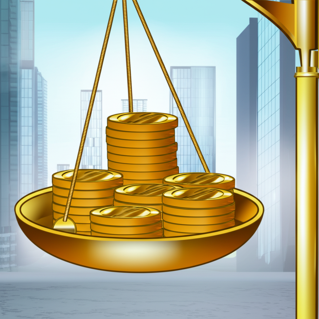 加密貨幣交易機會與風險平衡的插圖，顯示數位幣種、天平和都市景觀