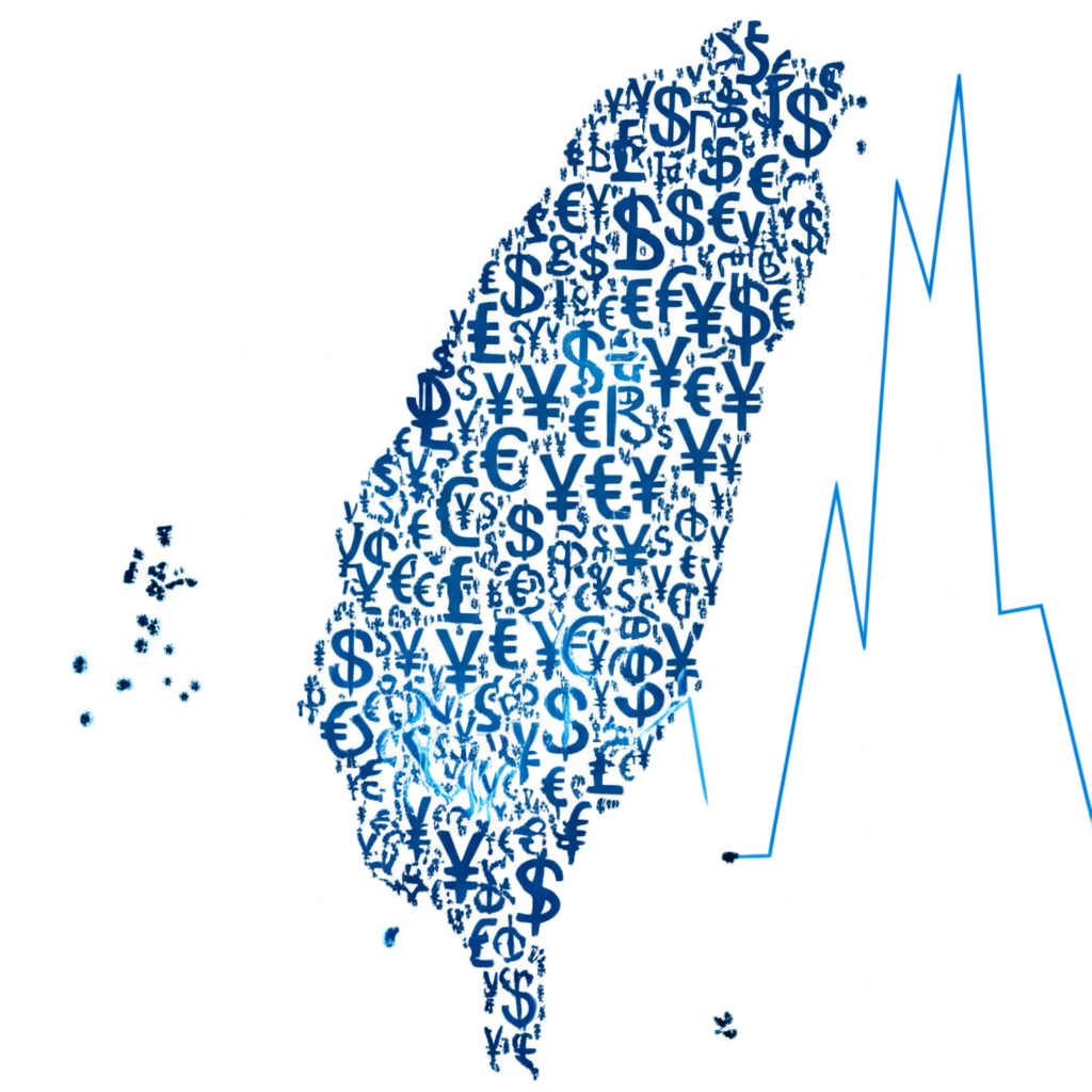 Taiwan map, currency symbols, risk management, illustration