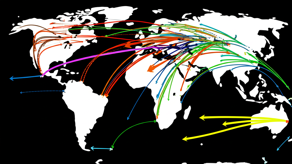 Global trade map with arrows, showing supply chain shifts.
