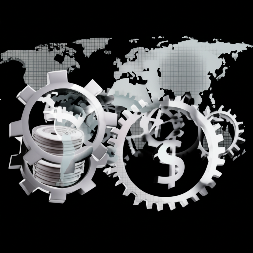USD currency, gears, world map, illustration.