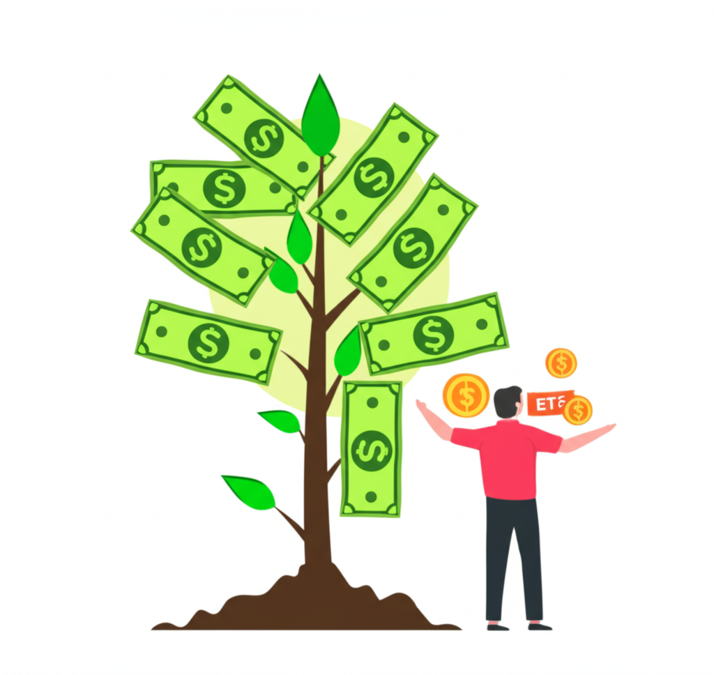 插畫:一人平衡股票與ETF,背景為成長中的金錢樹