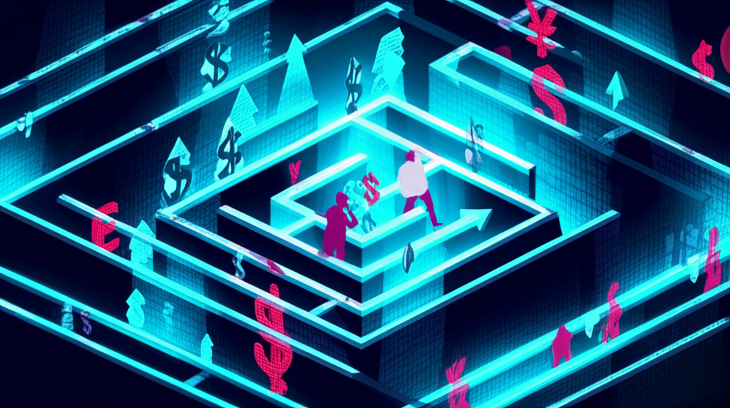 Forex arbitrage illustration, digital maze, investor seeking profit