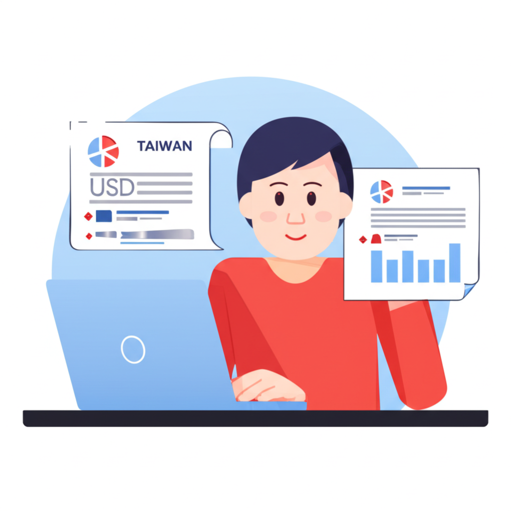 Taiwan investor reviews USD fund data, illustration.