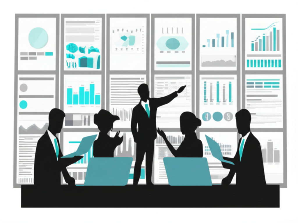 Financial team analyzes global USD trends, illustration.